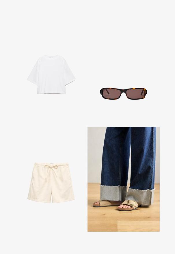 Wit, kort mouw, boxy t-shirt gemaakt van zacht katoen. Heeft een ronde hals en brede mouwen, met een strak, eenvoudig ontwerp.; Crèmekleurige casual shorts met een elastische tailleband en trekkoord, voorzien van zijzakken en een comfortabele pasvorm.; Voeten in beige Birkenstock-sandalen met gouden gespen, gecombineerd met donkerblauwe denimspijkerbroeken die bij de boorden opgerold zijn, staande op een houten vloer.; Rechthoekige schildpadzonnebril met donkerbruine glazen en slanke pootjes, afgebeeld tegen een witte achtergrond.