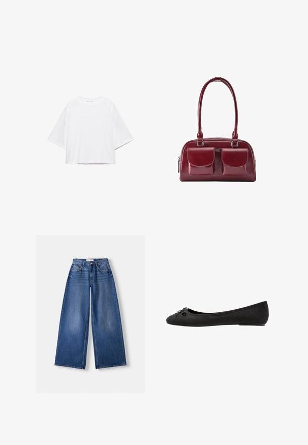 T-shirt blanc à manches courtes, coupe carrée, en coton doux. Présente un col rond et des manches larges, avec un design épuré et simple.; Jeans en denim bleu à jambes larges avec poches avant, passants de ceinture et fermeture par bouton, posés à plat sur un fond clair.; Ballerines en daim noir avec un bout arrondi, ornées d'un nœud décoratif à l'avant et d'une semelle plate. Texture lisse et forme classique.; Sac à main en cuir rouge foncé avec deux poches avant à rabat et longues bandoulières, présenté sur fond blanc.