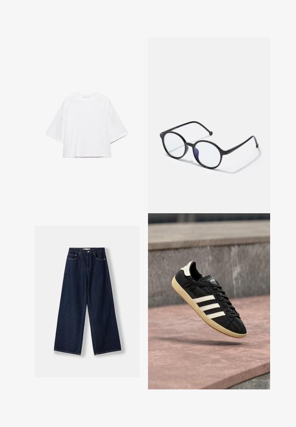 Hvid, kortærmet, løs t-shirt lavet af blød bomuld. Har rund halsudskæring og brede ærmer, med et rent, enkelt design.; Mørkeblå vidde denimjeans med knap- og lynlås foran, forlommer og bæltestropper, lagt fladt på en hvid baggrund.; Sort Adidas sneaker med hvide striber og beige sål, fanget i luften over en stenet overflade og baggrund af en stenmur.; Runde sorte briller med tynde stel, klare linser og en let lilla nuance på den ene side; slankt design med en poleret finish.