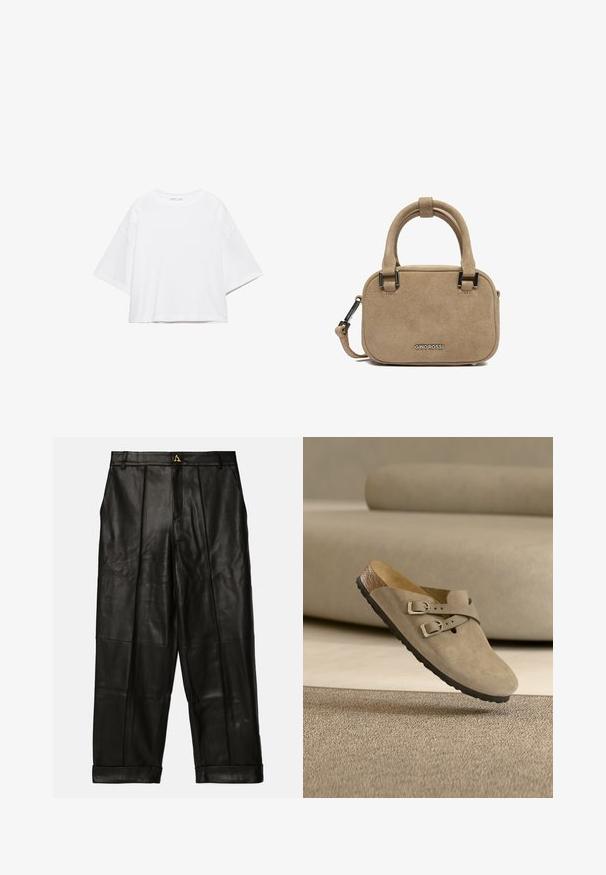 Wit, kort mouw, boxy t-shirt gemaakt van zacht katoen. Heeft een ronde hals en brede mouwen, met een strak, eenvoudig ontwerp.; AERON ZIMA PANTS - Leren broek - black; Beige suède instapschoen met twee verstelbare zilveren gespen en een zwarte zool op een gestructureerd beige tapijt.; Beige suède handtas met dubbele afgeronde handvatten, metalen accenten, Gino Rossi-logo en een afneembare schouderband.