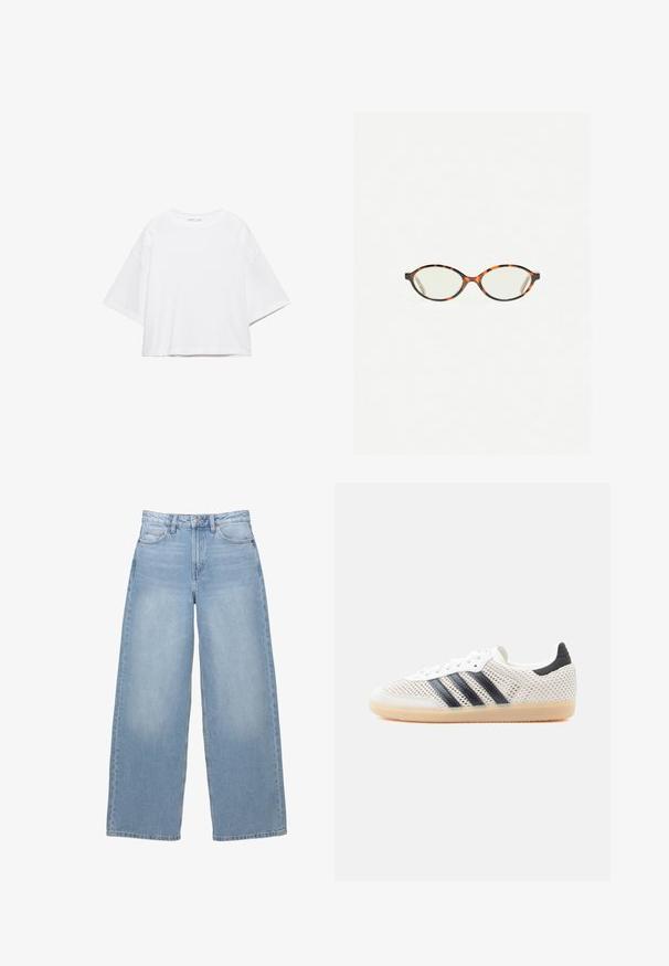 Wit, kort mouw, boxy t-shirt gemaakt van zacht katoen. Heeft een ronde hals en brede mouwen, met een strak, eenvoudig ontwerp.; Lichtblauwe, wijde spijkerbroek van denim. Heeft een hoge taille, zijzakken en een knoopsluiting. Glad van textuur met subtiele vervaging.; Witte sneakers van mesh met een zwart ontwerp van drie strepen, een ronde neus en een rubberen gumzool. Voorzien van een zachte hielkraag en een vetersluiting.; Kattenoogbril met ovale lenzen en een strakke, gladde afwerking. Heeft dunne zijkanten met een subtiele kromming bij de slapen. Transparante lenzen.