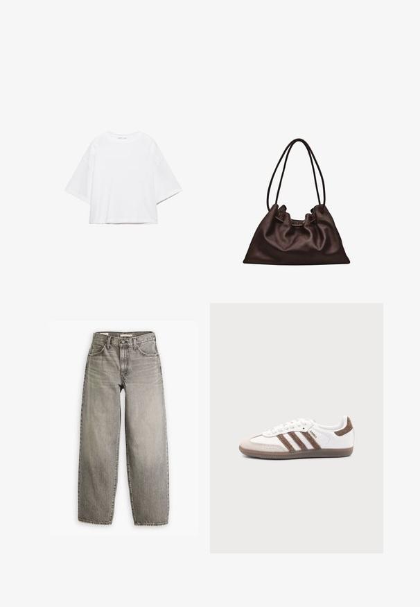 Wit, kort mouw, boxy t-shirt gemaakt van zacht katoen. Heeft een ronde hals en brede mouwen, met een strak, eenvoudig ontwerp.; Lichtgrijze wide-leg jeans met een hoge taille, vijf zakken en opvallende stiksels. Heeft een vervaagde textuur en een ruwe zoom aan de onderkant.; Witte Adidas Samba sneaker met bruine suède strepen, bruine rubberen zool en beige suède neuskap, getoond vanaf de buitenkant op een effen achtergrond.; Zachte donkerbruine leren handtas met een slungelige vorm en twee dunne schouderbandjes tegen een witte achtergrond.