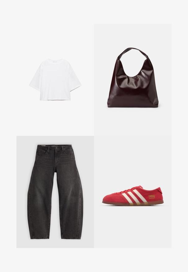 Wit, kort mouw, boxy t-shirt gemaakt van zacht katoen. Heeft een ronde hals en brede mouwen, met een strak, eenvoudig ontwerp.; Zwarte denim jeans met een relaxed fit, voorzien van vijf zakken, een knoopsluiting en subtiele vervaging. De stof heeft een soepele, stevige textuur.; Rode suède sneakers met wit drie-streepdesign, platte zool en gouden logo-detail. Laag uitgesneden ontwerp met ronde neus en vetersluiting.; Bordeaux, glanzende vegan leren totebag met een zachte, sculpturale vorm en een brede, gebogen handgreep voor makkelijk dragen.