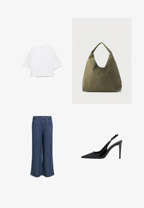 Wit, kort mouw, boxy t-shirt gemaakt van zacht katoen. Heeft een ronde hals en brede mouwen, met een strak, eenvoudig ontwerp.; Rechtemodel donkere blauwe denim broek met een elastische tailleband en riemlussen, zonder zichtbare zakken, weergegeven tegen een witte achtergrond.; Zwarte gepatineerde leren slingback pump met een puntige neus, hoge stilettohak, verstelbare enkelband en een gladde, glanzende textuur.; Schoudertas van zacht leer in olijfgroen met een brede, enkele band en een ontspannen, ongestructureerde vorm op een lichte achtergrond.