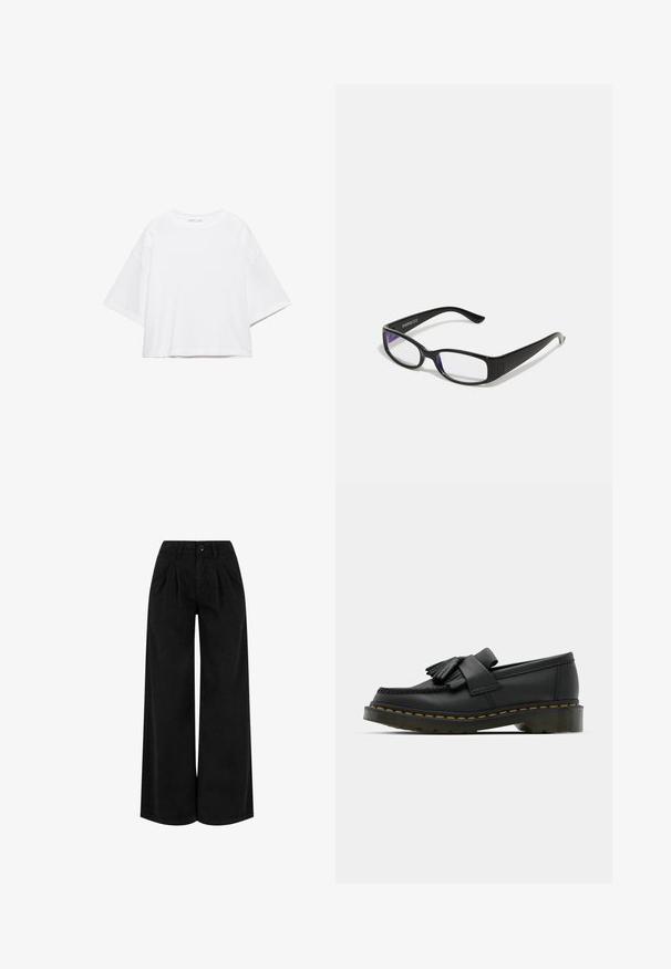 T-shirt blanc à manches courtes, coupe carrée, en coton doux. Présente un col rond et des manches larges, avec un design épuré et simple.; Pantalon noir taille haute à jambes larges avec plis devant, fermeture à boutons et passants pour ceinture, présenté sur fond blanc.; Mocassins en cuir noir avec un bout rond, présentant un détail à franges et une bande décorative à l'avant, montés sur un talon épais.; Des lunettes rectangulaires noires avec des verres transparents. Fini brillant, branches étroites et teinte violette visible sur les bords des verres.