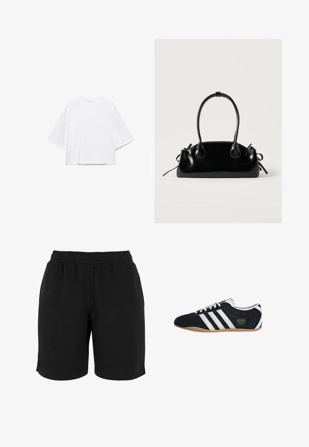 Wit, kort mouw, boxy t-shirt gemaakt van zacht katoen. Heeft een ronde hals en brede mouwen, met een strak, eenvoudig ontwerp.; Zwarte katoenen shorts met een elastische tailleband, met een gladde textuur en een eenvoudige snit. Geen zakken of versieringen zichtbaar.; Zwarte suède sneaker met witte drie strepen, gouden logo en een bruine rubberen zool. Heeft een laag profiel vetersluiting ontwerp.; Kleine zwarte glanzende handtas met twee lange hengsels en zijkant trekkoord details op een effen lichte achtergrond.
