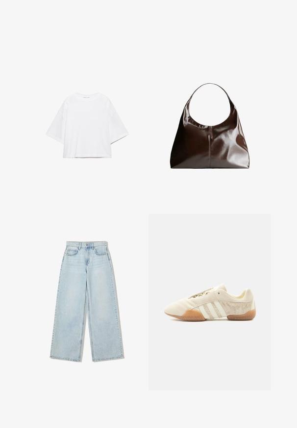 Hvid, kortærmet, løs t-shirt lavet af blød bomuld. Har rund halsudskæring og brede ærmer, med et rent, enkelt design.; Lyseblå, vide jeans lavet af denim, med høj talje, fem lomme-design og synlige sømme langs kanterne.; Lavprofileret beige sneaker med tre hvide striber, teksturerede ruskindssidepaneler, gummisål og snørelukning på ensfarvet baggrund.; Brun læder hobo taske med en rund top, glat tekstur og diskrete sømdetaljer. Stropperne er brede og buede for komfort.