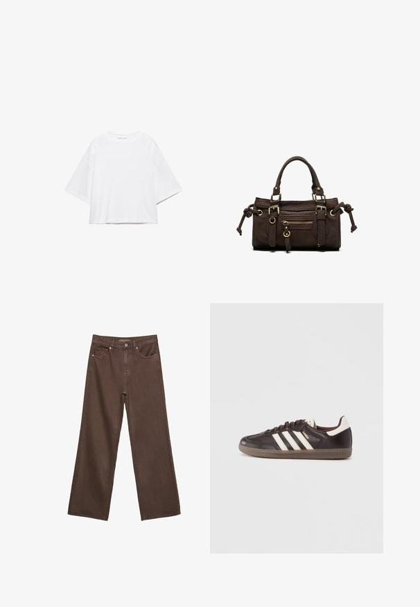 Wit, kort mouw, boxy t-shirt gemaakt van zacht katoen. Heeft een ronde hals en brede mouwen, met een strak, eenvoudig ontwerp.; Bruine wijde jeans gemaakt van denim, met twee voorzakken, een enkele achterzak en een metalen knoopsluiting.; Donkerbruine leren sneakers met een wit drie-strepen ontwerp, een rubberen zool en "Samba" in gouden letters aan de zijkant. Klassieke lage schoenvorm.; Donkerbruine leren handtas met dubbele handvatten, voorvak met ritssluiting, decoratieve gespen en zijknopen op een witte achtergrond.
