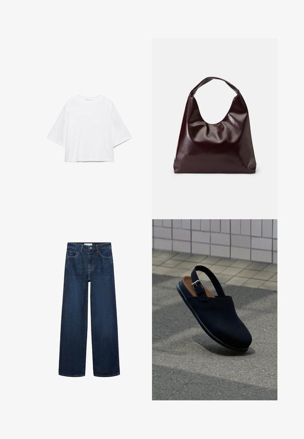 Weißes, kurzärmeliges, kastiges T-Shirt aus weicher Baumwolle. Es verfügt über einen Rundhalsausschnitt und breite Ärmel mit einem klaren, schlichten Design.; Weite dunkelblaue Denim-Jeans mit hoher Taille, ausgestattet mit fünf Taschen und einer klassischen Knopfschließe. Glatte Textur und gerader Schnitt.; Schwarzer geschlossener Slingback-Schuh mit silberner Schnallenriemen, brauner Innensohle, schwebend über grauem Asphalt mit gefliestem Wandhintergrund.; Burgunderfarbene, glänzende tote Bag aus veganem Leder mit einer weichen, skulpturalen Form und einem breiten, geschwungenen Henkel für einfaches Tragen.