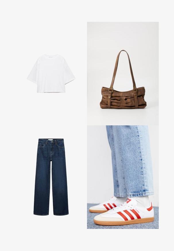 Wit, kort mouw, boxy t-shirt gemaakt van zacht katoen. Heeft een ronde hals en brede mouwen, met een strak, eenvoudig ontwerp.; Brede donkerblauwe denim jeans met hoge taille, voorzien van vijf zakken en een klassieke knoopsluiting. Glad textuur en rechte snit.; Witte leren sneakers met rode strepen en accenten. Voorzien van een getextureerde gumrubberen outsole en een gevoerde kraag. Draag ze met lichtblauwe denim.; Even&Odd Handtas - brown