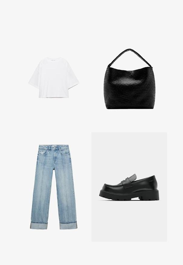 Wit, kort mouw, boxy t-shirt gemaakt van zacht katoen. Heeft een ronde hals en brede mouwen, met een strak, eenvoudig ontwerp.; Lichtblauwe denim wijde jeans met een hoge taille, voorzien van vijf zakken, zichtbare stiksels en opgerolde zomen bij de manchetten.; Zwarte leren instappers met een chunky, gestructureerde zool, voorzien van een band over de voet en een gladde, gepolijste afwerking.; Zwarte geweven handtas met een enkele gevlochten handgreep en een brede, zachte rechthoekige vorm tegen een witte achtergrond.
