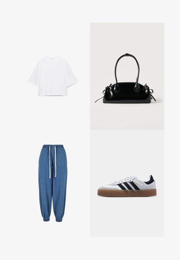 Weißes, kurzärmeliges, kastiges T-Shirt aus weicher Baumwolle. Es verfügt über einen Rundhalsausschnitt und breite Ärmel mit einem klaren, schlichten Design.; Blaue Denim-Jogginghose mit elastischem Bund und Bündchen, mit weißen Kordeln an der Taille.; Weiße Leder Sneakers mit schwarzen Streifen, Gummigummi-Außensohle, runder Zehenform, Schnürverschluss und weichem grauem Wildleder-Zehenkappe.; Kleine schwarze glänzende Handtasche mit zwei langen Griffen und seitlichen Kordelzug-Details vor einfachem hellem Hintergrund.