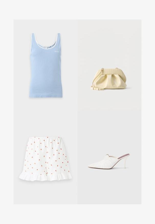Camiseta de tirantes azul claro acanalada con ribetes blancos alrededor del escote y las mangas, con un pequeño logo "Stine Goya" en el pecho.; Shorts blancos con pequeños estampados de fresas rojas por toda la prenda, con un dobladillo con volantes y cintura elástica para mayor comodidad. Hechos de una tela ligera.; Mules blancos con punta afilada, textura plisada en la parte superior y un tacón de aguja delgado. Superficie lisa y diseño minimalista.; Pequeño bolso de mano de cuero amarillo pálido con frente fruncido, herrajes dorados y correa de hombro ajustable sobre fondo blanco.