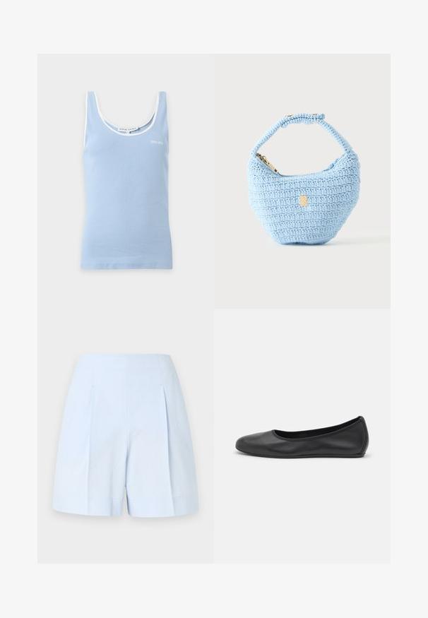 Débardeur côtelé bleu clair avec bordure blanche autour du col et des manches, avec un petit logo "Stine Goya" sur la poitrine.; Shorts en tissu texturé bleu clair avec taille haute, plis devant et larges ourlets sur un fond uni.; Ballerines en cuir noir avec un bout rond, texture lisse, détails de couture minimalistes et design de semelle flexible.; Petit sac à main bleu clair crocheté avec une petite bandoulière et une fermeture éclair dorée, présenté sur un fond clair uni.