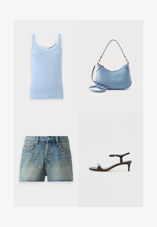 Débardeur côtelé bleu clair avec bordure blanche autour du col et des manches, avec un petit logo "Stine Goya" sur la poitrine.; Shorts en denim de couleur bleu clair, avec une taille haute, un ourlet effiloché et un style traditionnel à cinq poches avec quincaillerie en métal.; Sandale noire en cuir à talon avec bride à la cheville, bout ouvert, devant carré et accent en métal argenté. Design ajusté avec un profil élégant.; Sac à main Michael Kors en cuir bleu clair avec fermeture éclair sur le dessus, courte bandoulière et bandoulière détachable et réglable pour porter en travers du corps.