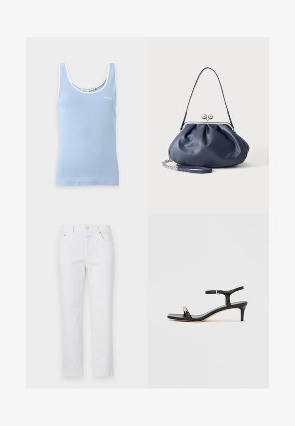 Hellblaues geripptes Tanktop mit weißem Besatz am Ausschnitt und an den Ärmeln, mit kleinem "Stine Goya" Logo auf der Brust.; Weiße Jeans mit geradem Bein, fünf Taschen und einem Metallknopfverschluss. Verfügt über eine dezente Textur und helle Nähte.; Schwarze Leder-Sandale mit Absatz und Knöchelriemen, offenem Zehenbereich, quadratischer Vorderseite und silbernen Metallakzenten. Eng anliegendes Design mit schlanker Silhouette.; Weiche navyblaue Ledertasche mit silberner Verschlussklammer, einem einzelnen Schulterriemen und abnehmbarem Ketten-Handgelenksriemen auf weißem Hintergrund.
