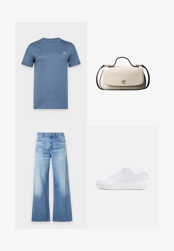 Camiseta de manga corta con cuello redondo en algodón azul moderado, con un sutil logo "Ck" bordado en el lado izquierdo del pecho. Textura suave, diseño minimalista.; Calvin Klein Jeans LOW RISE BAGGY - Vaqueros boyfriend - diamond cove; Zapatilla blanca de corte bajo con cierre de cordones, suela gruesa y parte superior lisa, mostrada desde el lado exterior sobre un fondo claro y sencillo.; Bolso rectangular de color crema con correa y asa negras, cierre frontal con solapa y pequeño logo plateado "cK" en el centro del frente.