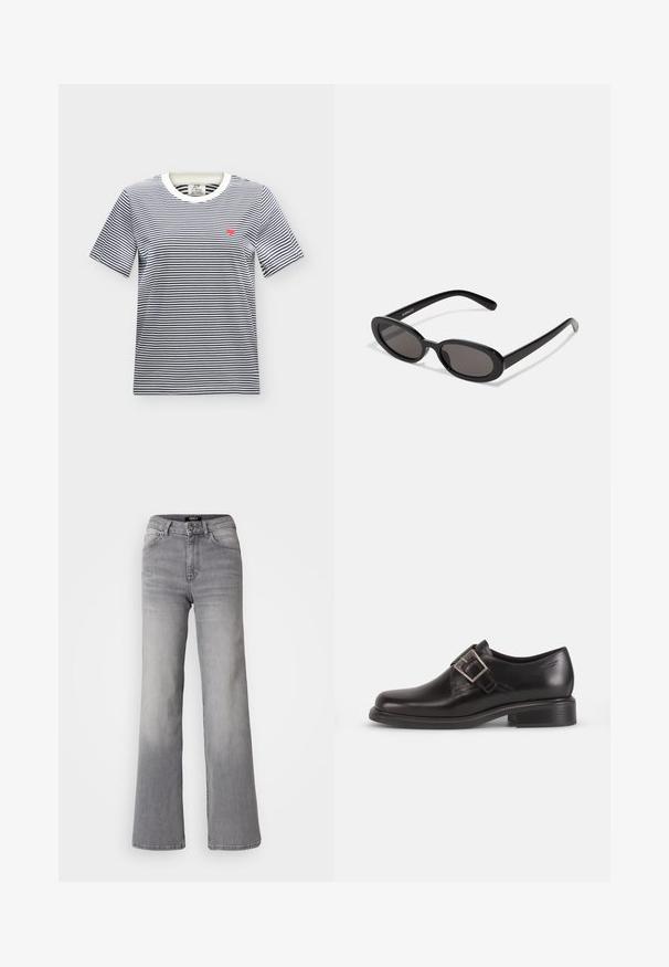 Hvid t-shirt med korte ærmer med tynde sorte vandrette striber og et lille rødt hjerte broderet på venstre bryst.; Højtaljede grå denim jeans med lige ben, med frontknap og lynlås, foran og bagpå lommer, samt nedtoning på lår og lægge.; Sorte læder herresko med rund tå, detaljer med sidelukning, og en struktureret sål, sat mod en simpel hvid baggrund.; Even&Odd by Zalando Solbriller - black