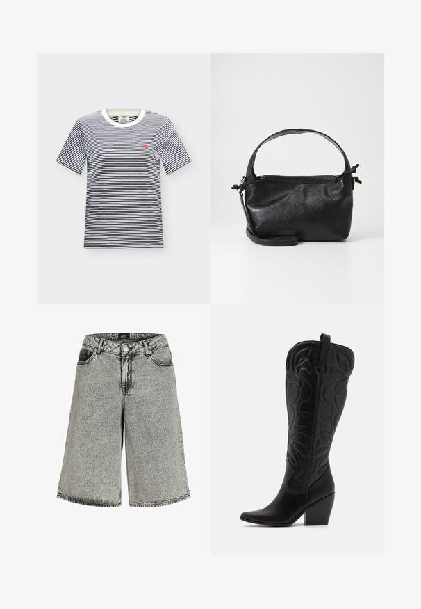 Hvid t-shirt med korte ærmer med tynde sorte vandrette striber og et lille rødt hjerte broderet på venstre bryst.; Denimshorts i falmet sort med løs pasform, der har høj talje, fem-lomme design og synlige syninger.; Sorte knæhøje støvler i læder med spids snude og lagdelt hæl. Har dekorative syninger og buede designelementer.; Sort læderhåndtaske med et struktureret design, rund tophåndtag og aftagelig skulderrem. Den har en glat tekstur og en subtil glans.