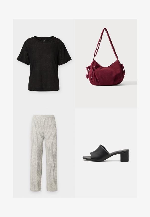 Schwarzes T-Shirt mit kurzen Ärmeln und Rundhalsausschnitt, lockerem Schnitt und dezenter Textur, vor einem schlichten hellen Hintergrund präsentiert.; GAP Petite CABLE PANT - Stoffhose - grey; Schwarze Leder-Mules mit Blockabsatz und offenem Zehenbereich, mit einer glatten Oberfläche und einem leicht geschwungenen Schaft für Komfort und Stil.; Weiche bordeauxrote Cord-Schultertasche mit verstellbarem Riemen, Reißverschluss, seitlichen Bändern und einer vorderen Reißverschlusstasche.