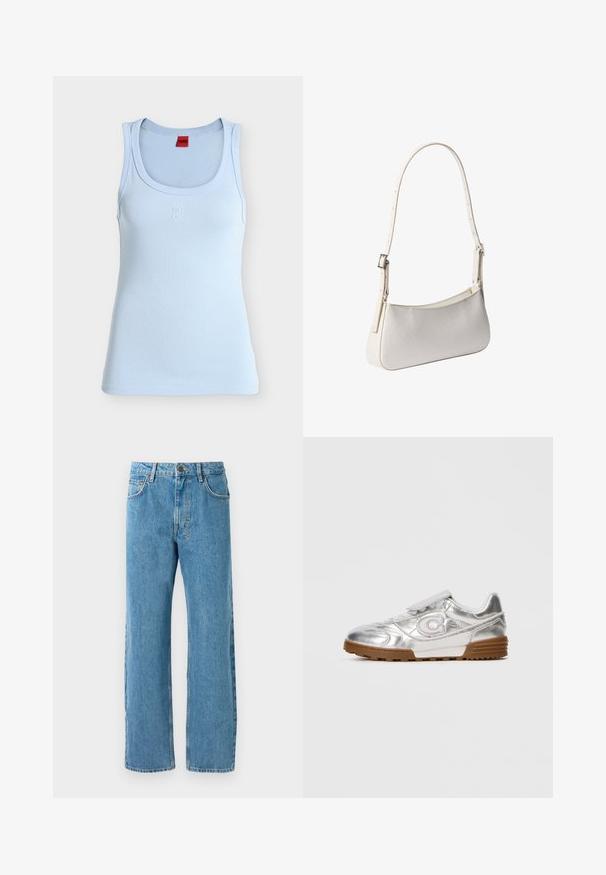 Lyseblåt ærmeløst tanktop med rund halsudskæring, med lille hvidt præget "HUGO" logo på brystet og rød label inde i kraven.; Lyseblå denimjeans med løs pasform, høj talje, fire lommer og lynlås. Klassisk fem-lomme design.; Sølvmetallic sneakers med hvidt "C" logo, hvide snørebånd og brun gummisål, vist fra siden på en ensfarvet lys baggrund.; Hvid skuldertaske med justerbar strop og subtilt tekstureret mønster, rektangulær form med afrundede kanter, sølvspænde på stroppen.