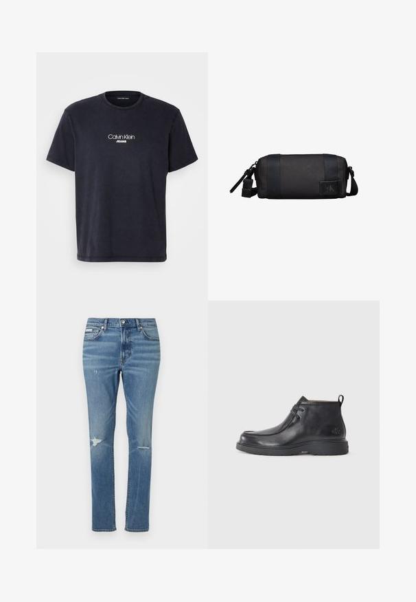 T-shirt en coton bleu marine à manches courtes, col rond, avec le logo blanc "Calvin Klein Jeans" imprimé sur la poitrine.; Jeans en denim bleu clair à coupe droite, avec des détails usés aux genoux et un style classique à cinq poches.; Bottes noires en cuir à talon arrondi, avec un design à lacets et une languette à l'arrière. Tige texturée et semelle en caoutchouc.; Trousse de toilette compacte noire de forme cylindrique avec une sangle ajustable et un logo Calvin Klein sur le patch avant.