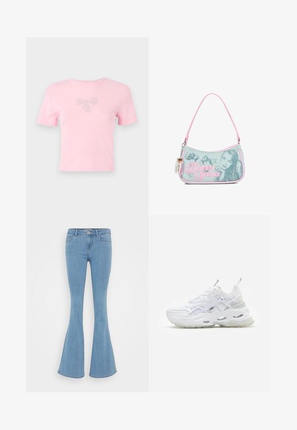 Kortærmet pink bomulds t-shirt med en rhinsten-beklædt sløjfe-design foran. Rund halsudskæring, afslappet pasform.; Lyseblå flagrende jeans lavet af denim, med en standard talje, fem lommer og en glat tekstur uden synlige mønstre.; Hvide sneakers med en kraftig sål, lagdelt mesh og syntetisk overdel, med mønstrede detaljer, snøresystem og hæl-dragtag.; Lille denimhåndtaske med lyserød kant, der har sort-hvide billeder af Britney Spears, rhinstenstjerne-designs og en fastgjort plastik ID-mærkat.