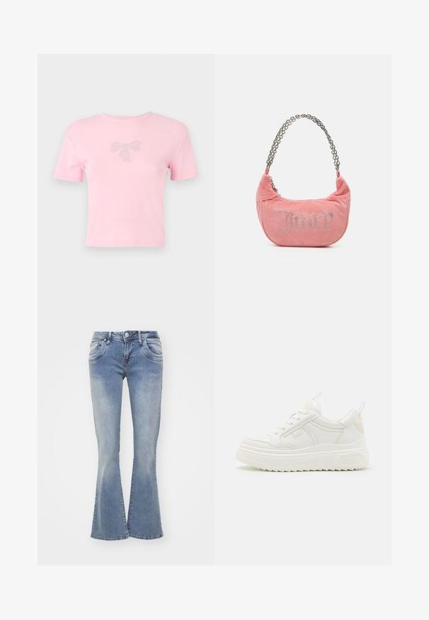 Korte mouwen roze katoenen t-shirt met een strikontwerp versierd met rhinestones aan de voorkant. Ronde hals, ontspannen pasvorm.; Blauwe flared jeans van denim, met een lichte was, vijf zakken en een knoopsluiting. De pijpen zijn wijd aan de onderkant.; Witte leren sneakers met een stevige zool, vetersluiting en subtiele branding. Heeft een zachte textuur en een ronde neus.; Juicy Couture KIMBERLY SMALL SET - Handtas - pink