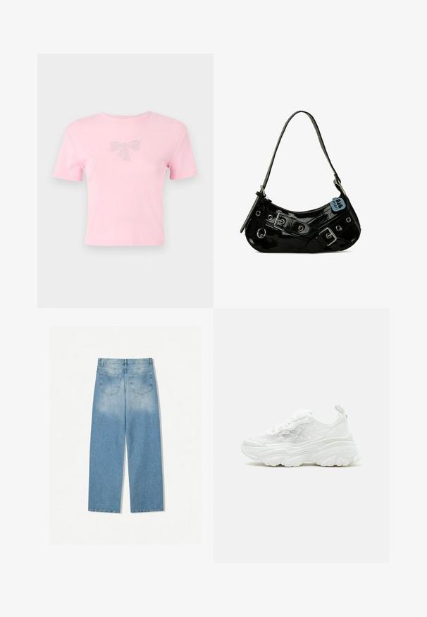 Kortærmet pink bomulds t-shirt med en rhinsten-beklædt sløjfe-design foran. Rund halsudskæring, afslappet pasform.; Lysblå denimjeans med lige ben-design, som har to baglommer og en falmet tekstur i de øverste sektioner.; Hvid chunky sneaker med snørebånd foran, blomsterformede mesh-sider og tyk skulptureret sål, vist fra venstre side på ensfarvet baggrund.; Sort lakeret skuldertaske med en buet form, udsmykket med sølvhardware, dekorative spænder og en kort rem. Blå mærkat vedhæftet.