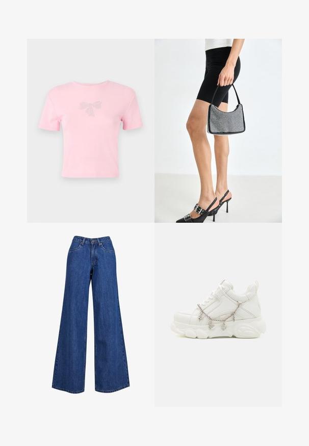 Camiseta de algodón rosa de manga corta con un diseño de lazo decorado con strass en el frente. Escote redondo, corte relajado.; Jeans de mezclilla de pierna ancha en azul medio, con una cintura alta, costuras en contraste y un diseño clásico de cinco bolsillos.; Zapatillas blancas con suela gruesa, parte superior de cuero texturizado y cadena de metal decorativa con charms. Presentan cierre de cordones y cuello acolchado.; Bolso de cuentas negras con una silueta curva, asa de transporte y textura brillante. Llevado con zapatos de tacón altos negros y pantalones cortos negros ajustados.