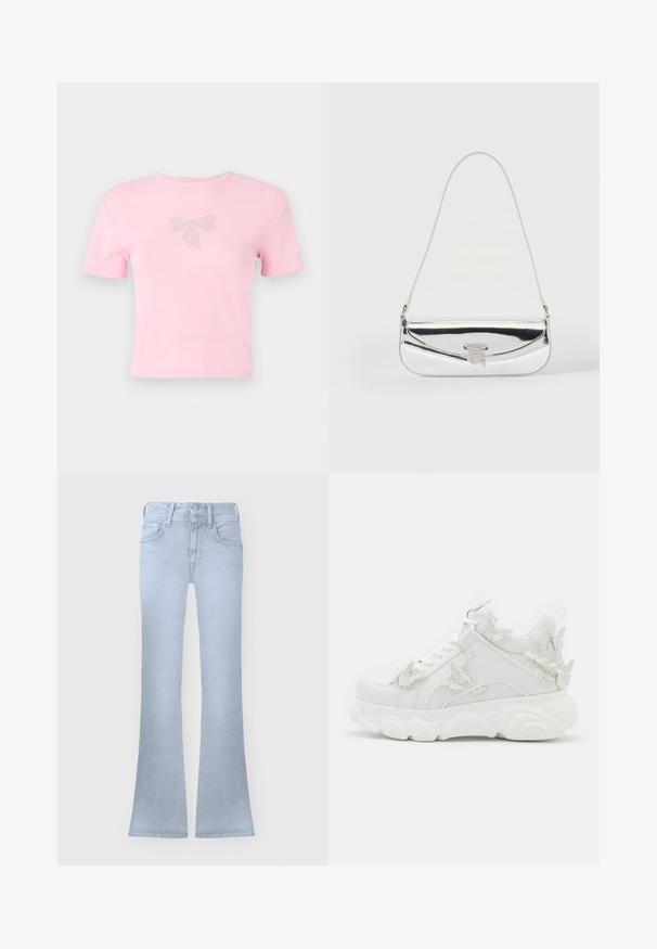 T-shirt en coton rose à manches courtes avec un motif de nœud orné de strass sur le devant. Encolure ras du cou, coupe décontractée.; Jean en denim bleu clair avec une taille haute, fermeture par bouton et zip, poches avant et jambes légèrement évasées.; Baskets blanches épaisses avec une semelle épaisse et des accents décoratifs de papillons en 3D sur le côté, les lacets et le talon.; Petit sac à épaule argenté avec une fine bandoulière et un rabat avant sécurisé par un fermoir métallique.