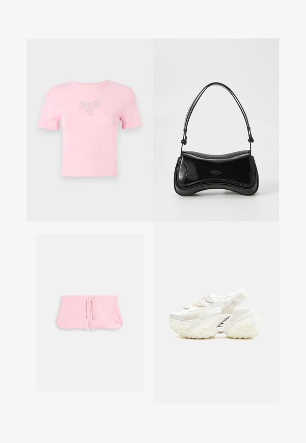 Kortærmet pink bomulds t-shirt med en rhinsten-beklædt sløjfe-design foran. Rund halsudskæring, afslappet pasform.; Lyserøde shorts lavet af blød tekstil, med en snor med sølvspidser og et lille broderet logo i nederste højre hjørne.; Kraftig hvid sportsandale med justerbare velcrolukninger, perforerede detaljer, tyk tekstureret sål og sølvfarvet accent på fodenbuen.; Sort patentlæder håndtaske med en buet form, et enkelt håndtag og en rund bund. Har en subtil logo-detalje på forsiden.