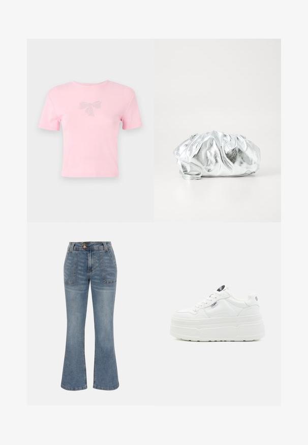 T-shirt en coton rose à manches courtes avec un motif de nœud orné de strass sur le devant. Encolure ras du cou, coupe décontractée.; Jean en denim bleu à taille haute, poches plaquées à l'avant, fermeture par bouton et zip, et une silhouette de jambe légèrement évasée.; Baskets plateforme blanches avec un extérieur synthétique lisse, un bout arrondi, un col rembourré et une semelle texturée. Présente une étiquette logo contrastante.; Pochette argent métallique avec un corps doux et froncé et une fine bandoulière. Présente une texture lisse et brillante ainsi qu'une forme arrondie.