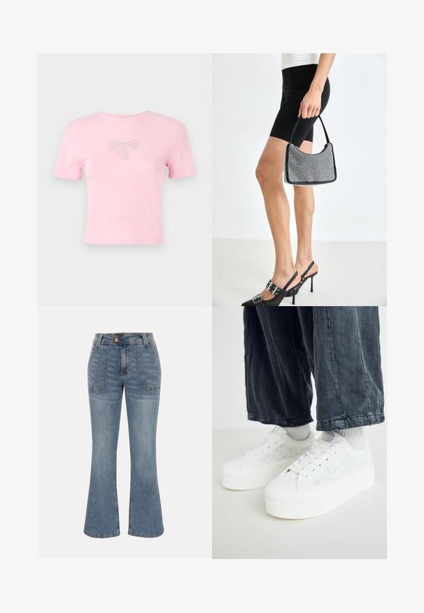 Korte mouwen roze katoenen t-shirt met een strikontwerp versierd met rhinestones aan de voorkant. Ronde hals, ontspannen pasvorm.; Blauwe denim jeans met hoge taille, voorzakken met patch, knoop- en ritssluiting en een licht uitlopende broekspijpsilhouet.; Witte platform sneakers met een kanten overlay, ronde neus en platte, gestructureerde zolen. Draagt met lichtgrijze sokken en losse donkere broek.; Zwarte beaded handtas met een gebogen silhouet, draaghandvat en glanzende textuur. Draagt bij hoge zwarte hakken en strakke zwarte shorts.