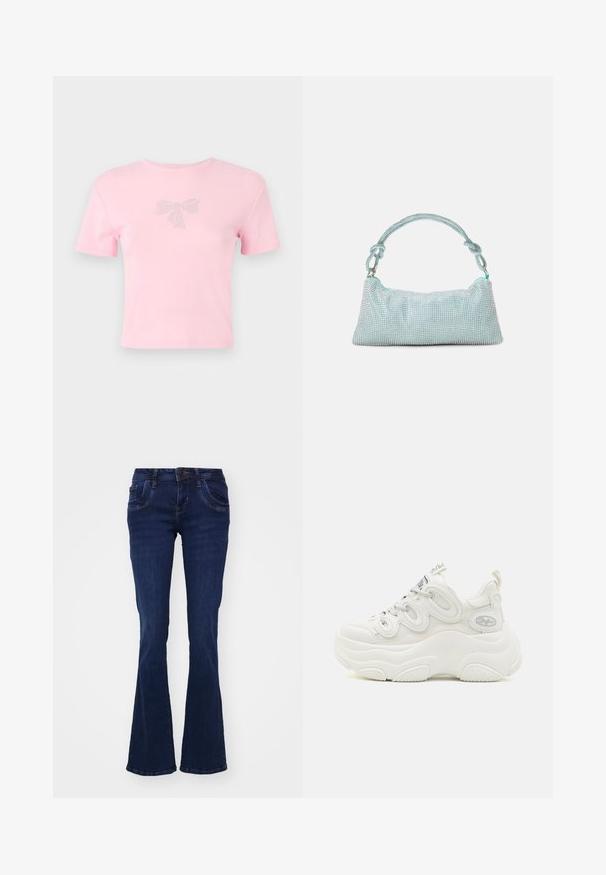 T-shirt en coton rose à manches courtes avec un motif de nœud orné de strass sur le devant. Encolure ras du cou, coupe décontractée.; Jean flare bleu foncé en denim. Comprend cinq poches, une fermeture éclair à l'avant et des détails de couture le long des coutures.; Baskets blanches chunky avec une tige en mesh et synthétique, forme incurvée, semelle texturée et système de laçage proéminent avec des détails de logo.; Mascara Pochette - mint