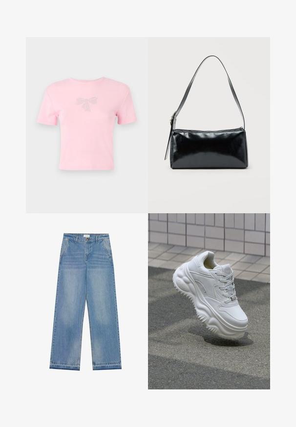 Korte mouwen roze katoenen t-shirt met een strikontwerp versierd met rhinestones aan de voorkant. Ronde hals, ontspannen pasvorm.; Lichtblauwe hoge taille wijde jeans met een knoopsluiting, voorzakken, riemlussen en subtiele vervaagde details.; Witte leren sneaker met een zware zool, textuurdetails en vetersluiting. Beschikt over gevormde accenten en een gladde afwerking.; Zwarte rechthoekige schoudertas met een enkele verstelbare band en een bovenste ritssluiting op een effen achtergrond.