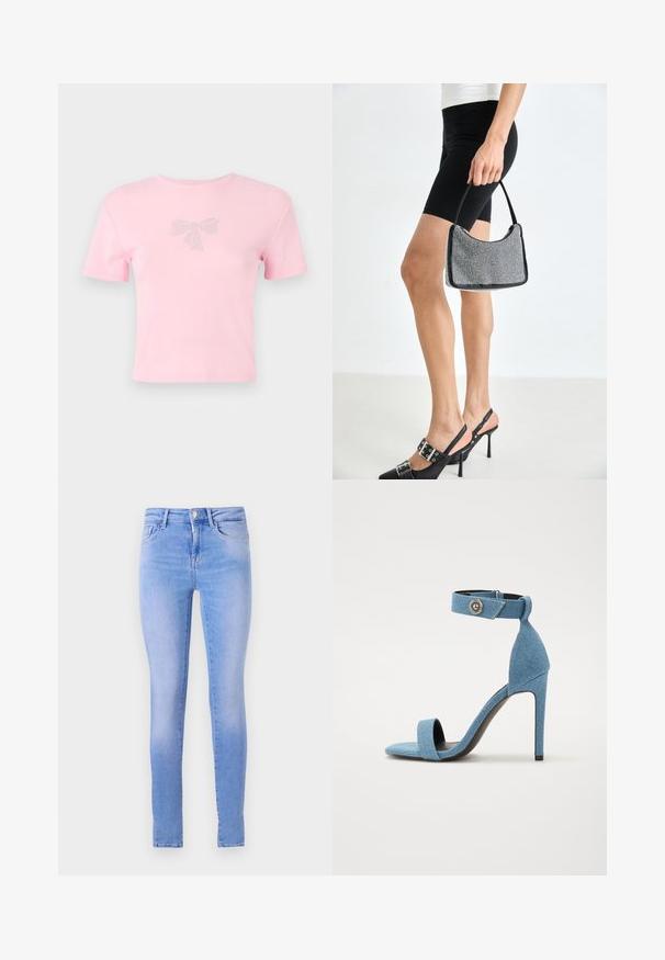 T-shirt en coton rose à manches courtes avec un motif de nœud orné de strass sur le devant. Encolure ras du cou, coupe décontractée.; Jean skinny bleu clair avec un délavage, comprenant un design à cinq poches, une fermeture à bouton à l'avant et un ourlet net.; Sandale à talon haut en denim bleu avec une bande de cheville et une fermeture à bouton. Caractéristiques d'un bout carré et d'une semelle noire pour le contraste.; Sac à main à perles noires avec une silhouette courbée, une poignée de transport et une texture brillante. Porté avec des chaussures à talons hauts noires et un short noir ajusté.