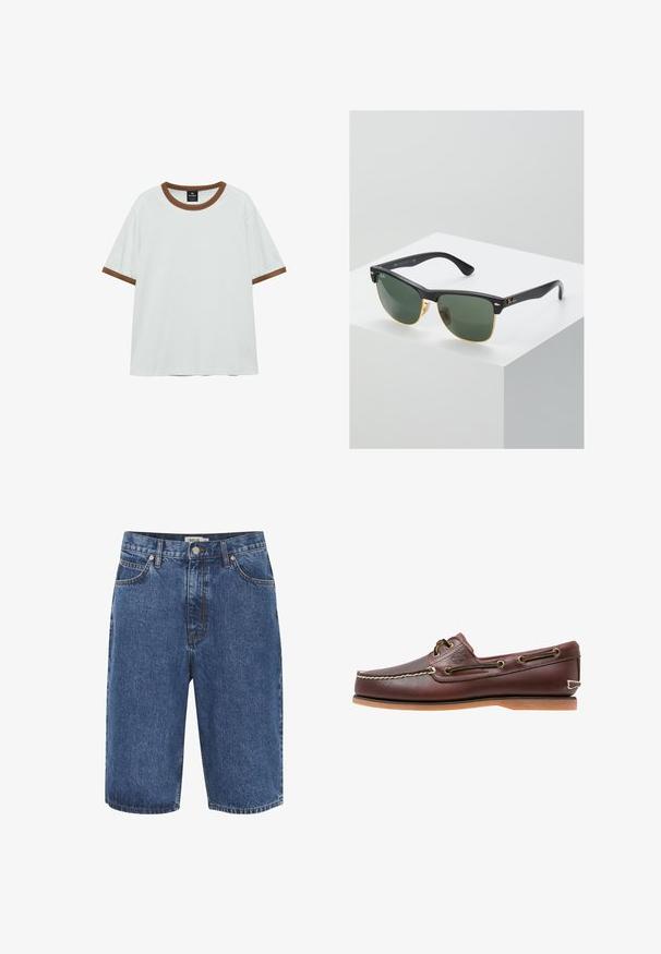 Hvid T-shirt med korte ærmer og brun kant på krave og ærmekanter, vist fladt mod en hvid baggrund.; Mørkeblå denimshorts med et klassisk femlommers design, messinghardware og synlig syning langs sømmene.; Brun læder bådsko med hvide sømme, snøre detaljer og lysbrun gummisål, vist fra siden på hvid baggrund.; Ray-Ban solbriller med grønne linser, sorte plastikstel og gyldne detaljer ved kanterne. Firkantet form med mat finish.