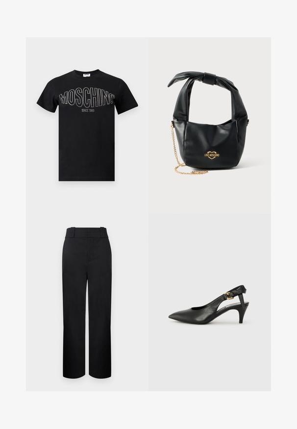 T-shirt en coton noir avec un col rond et des manches courtes. "MOSCHINO" en strass sur la poitrine, avec "SINCE 1983" en dessous.; Pantalon noir taille haute, jambes droites, avec larges passants de ceinture et fermeture avant dissimulée sur un fond clair.; Chaussure à talon slingback en cuir noir avec un bout pointu, un petit talon et un détail de boucle sur la bride de cheville. Texture lisse, design minimaliste.; Sac à main Love Moschino en cuir noir souple avec poignée nouée et bandoulière chaîne dorée sur fond blanc.