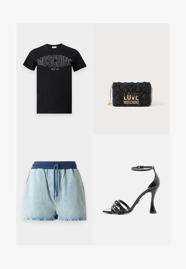 Μαύρο βαμβακερό t-shirt με στρογγυλή λαιμόκοψη και κοντά μανίκια. «MOSCHINO» με στρας διακοσμήσεις στο στήθος, και «SINCE 1983» από κάτω.; Ανοιχτό μπλε τζιν σορτς με ελαστική ναυτική ζώνη. Διαθέτει κορδόνι με ασημένιες μεταλλικές άκρες και χαλαρή γραμμή.; Μαύρο ψηλοτάκουνο σανδάλι από πατέντα με λουράκι στον αστράγαλο και δύο μπροστινά λουριά με χρυσαφί αγκράφες, πλάγια όψη σε λευκό φόντο.; Μαύρη καπιτονέ τσάντα χιαστί με χρυσή αλυσίδα και μεγάλο χρυσό λογότυπο "LOVE MOSCHINO" στο μπροστινό μέρος.