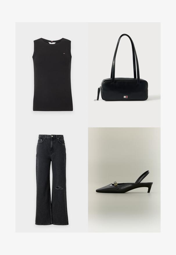 Schwarzes ärmelloses Top mit Rundhalsausschnitt und kleinem Tommy Hilfiger Flaggen-Logo auf der linken Brust, schlichtes Design und gerippter Kragen.; Schwarz-jeans mit weitem Bein und hoher Taille, versehen mit einem abgerissenen Riss am linken Knie und klassischen Metallknopf- und Nietenakzenten.; Schwarzer Slingback-Kitten-Heel aus Leder mit spitz zulaufender Zehenpartie und kleiner goldfarbener Schnalle auf einfarbigem Hintergrund.; Schwarze Lederhandtasche mit rechteckiger Form, flachem Boden, zwei Schulterriemen und einem kleinen Logodetail auf der Vorderseite. Glatte Textur.