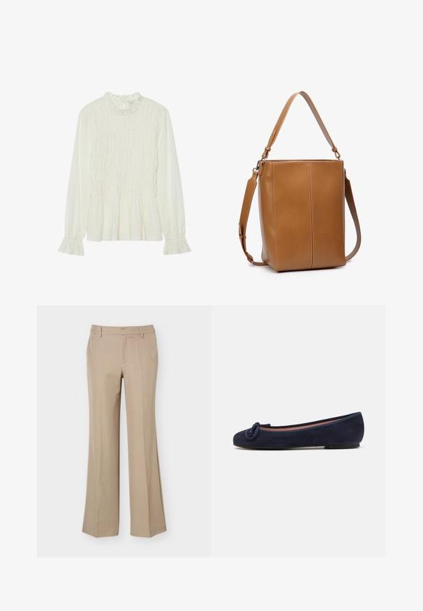 Weiße Bluse mit langen Ärmeln, die einen gerafften Ausschnitt, einen gerüschten Körper und ausgestellte Ärmelbündchen aufweist. Sie besteht aus strukturiertem Stoff und hat einen Peplum-Saum.; Beige Damenhose mit Gürtelschlaufen, vorderer Bügelfalte und geradem, weitem Bein auf schlichtem weißem Hintergrund.; Marineblaue Wildleder-Balletschuhe mit abgerundeter Spitze und knotenförmigem Akzent an der Spitze. Niedrige, flexible Sohle für den Komfort. Einfaches und schnörkelloses Design.; Braune Ledertasche in flacher, rechteckiger Form. Verfügt über einen Schulterriemen und kontrastierende Steppnähte. Glatte Textur.