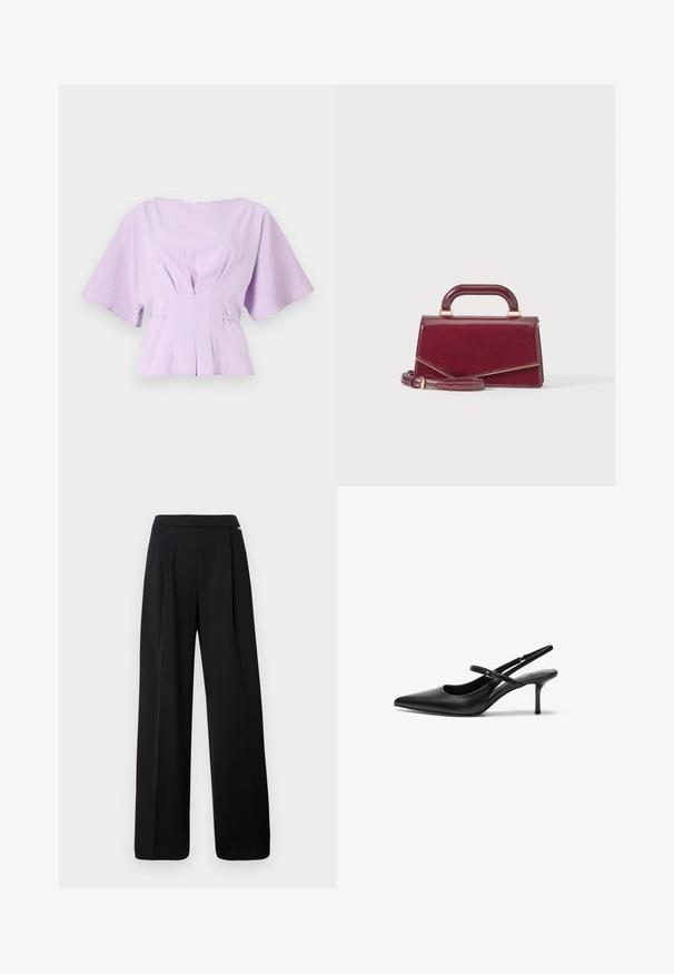 Lilla linned blouse med korte, brede ærmer, samlet detaljering i taljen og en afslappet pasform, med subtile plisseringer foran.; Sorte bukser med høj talje og vide ben, der har forreste sømme og en glat taljebånd, vist mod en hvid baggrund.; Sorte læder slingback hæle med spids tå, slank justerbar rem og en stiletto hæl på cirka 5 cm, glat tekstur.; Lille blank bordeaux håndtaske med topgreb og aftagelig skulderrem, vist mod en ensfarvet lys baggrund.