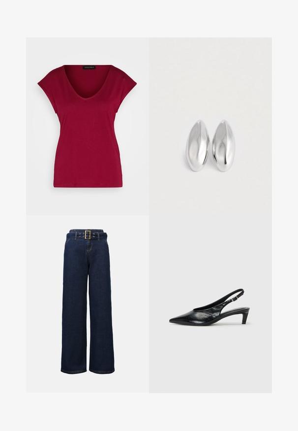Camiseta burdeos de cuello en V con mangas cortas, hecha de tejido suave, con un corte relajado y una textura lisa. Etiqueta en el escote.; Pantalones vaqueros de pierna ancha en azul oscuro con bolsillos cosidos y un cinturón a juego que presenta una gran hebilla rectangular dorada.; Tacón de piel negra tipo slingback con punta afilada, tacón bajo tipo kitten y correa ajustable con hebilla. Textura suave con un detalle mínimo.; Par de objetos ovalados de plata, lisos y brillantes, colocados uno al lado del otro sobre un fondo blanco puro.