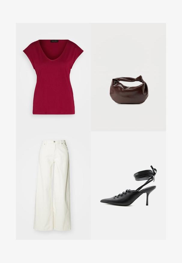 T-shirt bordeaux à col en V avec des manches courtes, fabriqué en tissu doux, avec une coupe décontractée et une texture lisse. Étiquette au niveau du col.; Jean blancs à jambes larges en denim. Dotés d'une taille haute, d'une fermeture à bouton à l'avant et d'un design classique à cinq poches. Texture lisse, sans motifs.; Chaussure à talon haut noire à bout pointu avec laçage à l'avant et brides enroulées autour de la cheville nouées en nœud, vue de côté sur fond blanc.; Sac bandoulière en cuir marron foncé avec une forme souple et décontractée et une anse nouée torsadée sur un fond blanc uni.