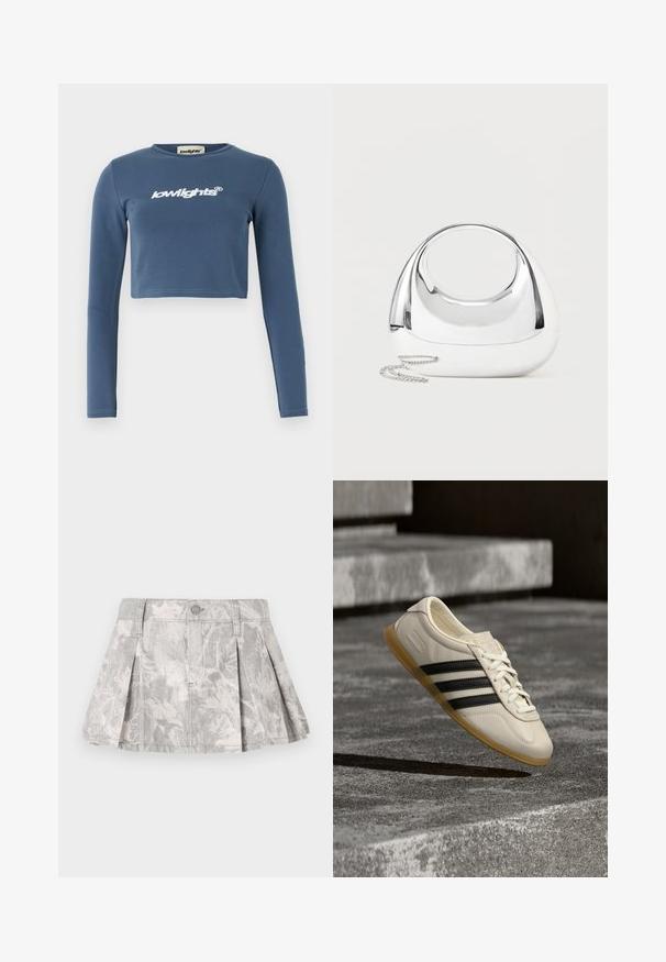 Blå cropped langærmet skjorte lavet af blødt bomuld, med hvid broderet "lowlights" logo på forsiden. Glat overflade, ribbet halsudskæring.; Grå denimnederdel med plisseringer, med et subtilt bladmønster i lysere nuancer. Klassisk snit med taljebånd og metalknaplukning.; Hvid sneaker med sorte striber og gummisål svæver over betontrapper i blødt dagslys.; Skinnende sølvfarvet metallisk håndtaske med rund form, ovalt udskåret håndtag og en sølvkæde som rem på en ensfarvet lys baggrund.