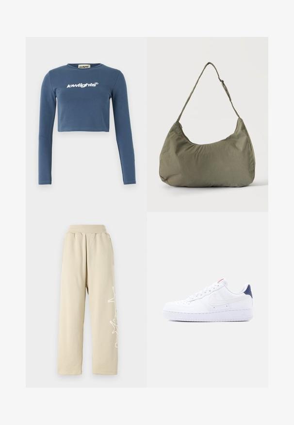 Blauses, kurz geschnittenes Langarmshirt aus weicher Baumwolle, mit einem weißen, gestickten "lowlights"-Logo auf der Vorderseite. Glatte Textur, gerippter Halsausschnitt.; Beige Sweatpants mit lockerer Passform, einem elastischen Bund, Seitentaschen und einem weißen grafischen Detail entlang des linken Beins. Aus weichem Baumwollmaterial.; Weißer Sneaker mit niedrigem Schaft, Perforationen an der Spitze, weißen Schnürsenkeln, einem weißen Swoosh-Logo und einer dunkelblauen Fersenschlaufe.; Olivgrüne weiche Stoff-Schultertasche mit Reißverschluss und verstellbarem Tragegurt vor einfarbig hellem Hintergrund.