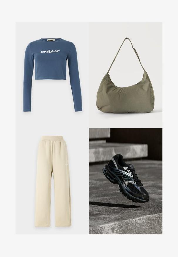Blauwe cropped langarmshirt van zachte katoen, met op de voorkant een witte geborduurde "lowlights" logo. Soepele textuur, geribbelde halslijn.; Beige wijde sweatpants van zachte stof, met een elastische tailleband, zijzakken en een klein geborduurd logo-detail.; Zwart-zilveren Nike hardloopschoen zwevend boven betonnen trappen, met een gedetailleerd ontwerp en een getextureerde zool in een buitenomgeving.; Schoudertas van zacht olijfgroen stof met ritssluiting en verstelbare band op een effen lichte achtergrond.