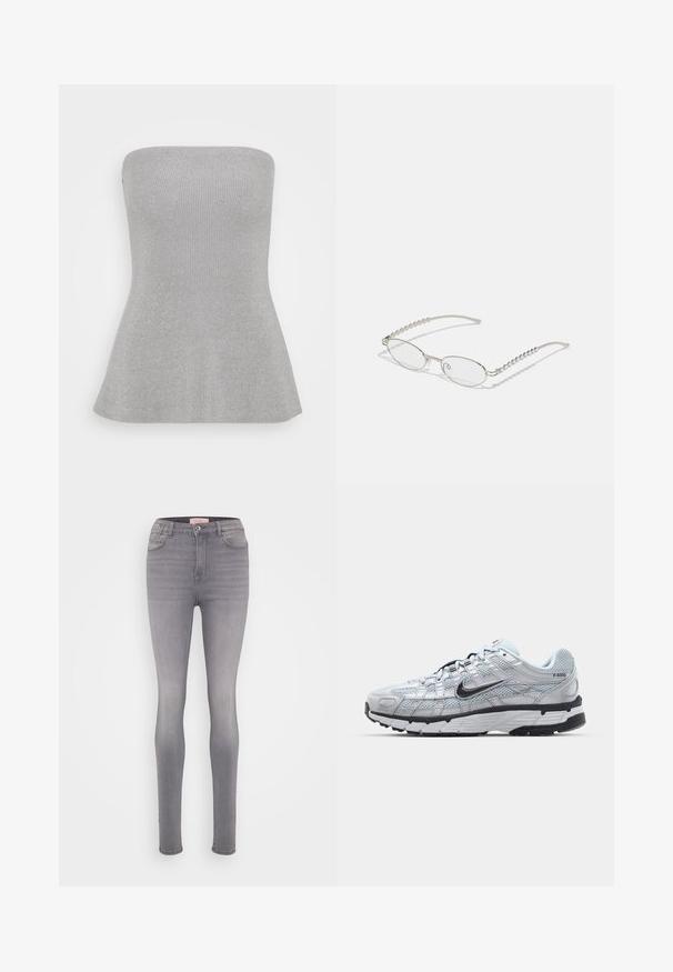 Selected SLFLILI BANDEAU - Top - sleet; Hoge taille skinny jeans in lichtgrijs denim, met een soepele textuur, vijf zakken en subtiele stiksels.; Nike P-6000 sneakers met een lichtgrijze mesh bovenkant, zwarte accenten en een duurzame zwarte rubberen zool. Kenmerkt zich door een ingewikkeld ontwerp en vetersysteem.; Ovale brillen met een metallic zilveren montuur, heldere glazen en getextureerde kraalaccenten op de tempels. Lichtgewicht ontwerp met gebogen armen.