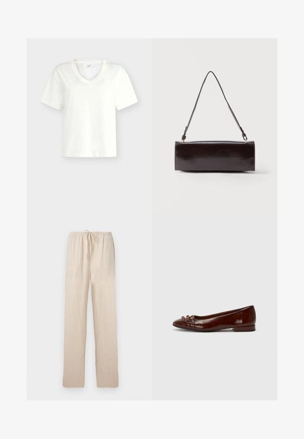 T-shirt blanc en coton à manches courtes avec col en V et étiquette Marc O’Polo Denim à l'intérieur du col.; Pantalon ample beige clair avec taille élastique et cordon de serrage, jambes droites, en tissu léger.; Chaussure plate en cuir verni marron avec un bout pointu, comportant trois lanières décoratives et un petit talon carré. Texture lisse et finition brillante.; Sac à main rectangulaire en cuir noir avec une longue bandoulière unique et une finition brillante, présenté sur un fond blanc uni.
